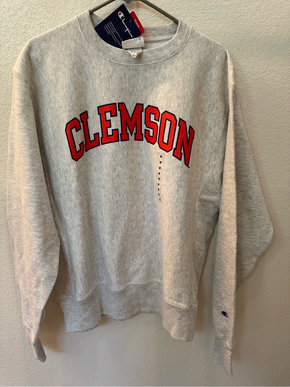 Champion Gray Crewneck with Orange Clemson Arch Logo